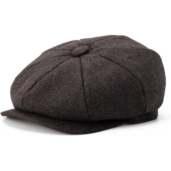 Men's 8 Panel Wool Blend Newsboy Flat Cap Herringbone Tweed Hat - Picture 1 of 7